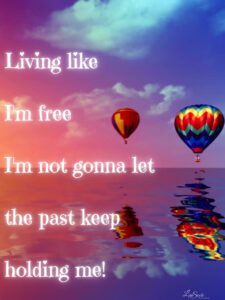 Song Lyrics for the song "Free" by Riley Clemmons - the image features a sunset ovet the water with clorful hot air ballons in the sky. Designed by Lisa Soots