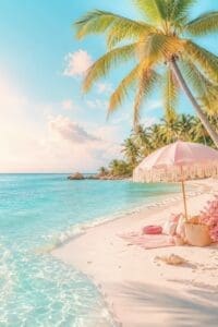 This phone wallpaper features a prettty beach scene with turquoise blue water, a pink beach umbrella, pink blanket, pillows, and pink flowers under a palm tree.