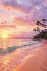 This image features a glowing sun setting into the ocean on the left side of the wallpaper, and there is a pink sky with clouds above and pink and blue waves flowing on the beach
