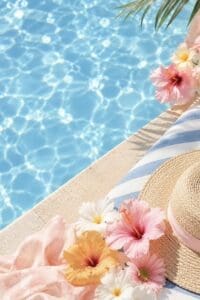 This wallpaper image features a poolside scene with crystal blue water adn pink flowers, a beige straw hat, and a blue and whites striped pool towel on the right side of the image.