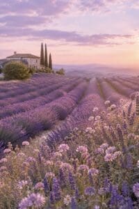 Dreamy lavender field at sunset with purple flowers, soft pink sky, rolling hills, and a rustic farmhouse in the distance