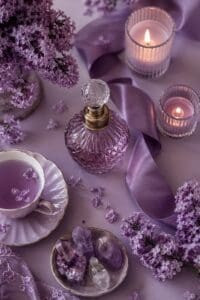 Elegant purple aesthetic still life with lilac flowers, candles, crystals, tea cup, satin ribbon, and vintage perfume bottle.