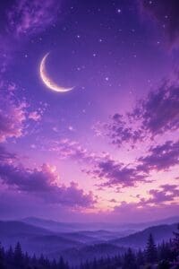 Magical purple twilight sky with crescent moon, stars, soft clouds, and misty mountain silhouettes.