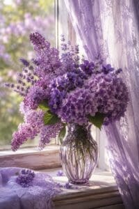 Soft purple flower bouquet in a glass vase on a sunny windowsill with lavender curtains and dreamy garden light.