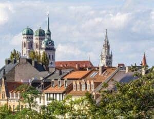 This image features a skyline view of Munich Germany's old town.
