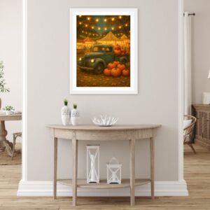 This image features a cozy printable fall artwork print in a white frame, on a gray wall, with a small table with knick knacks on it below. 
