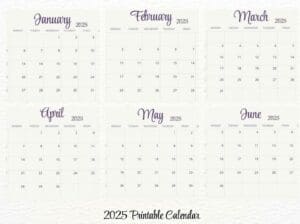 Image of each of the first six months of the free printable 2025 calendar 
