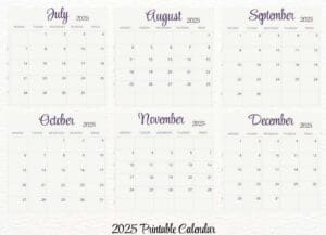 Image of each of the second six months of the free printable 2025 calendar