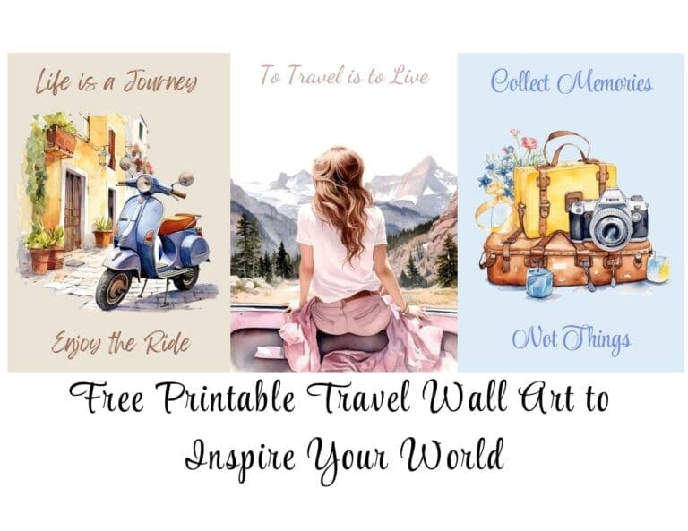 This image includes three travel wall art prints with the title "Free Printable Travel Wall Art to Inspire Your World. It is being used as the featured image for the blog post of the same name.