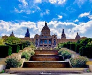 This image is a view looking upwards from the fountain at the National Museum of Art of Catalunya.