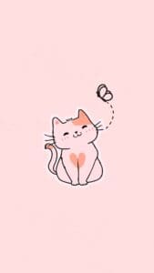 This image features a cute cat and butterfly in the middle of a pink background