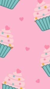 Pink Aesthetic Wallpaper of Pink cupcakes, with small red hearts on a pink background