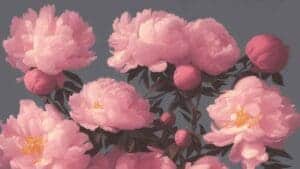 This image features a bouquet of pink flowers on a dark gray background