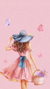 Pink Aesthetic Wallapapers - Image of a young girl in a pink dress with a blue bow and blue hat. She is holding a basket and there are butterflies around her.