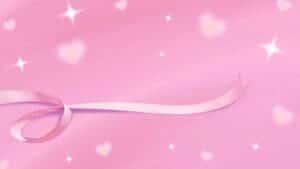 This wallpaper  image is of a single ribbon on a pink background with sparkles and hearts all around it.