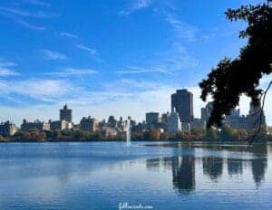 This image is of A large lake in Central Park, looking at buildings across the water. Photo by Lisa Soots