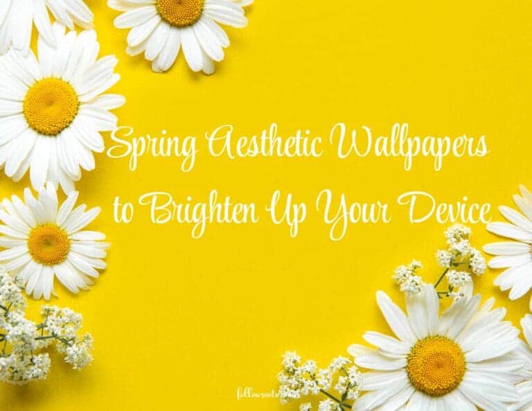 This image is the Featured Image Title page for the blog post, Spring Aesthetic Wallpapers to Brighten Up Your Day. It features a yellow background with white daisies.
