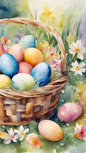 This is a watercolor painting of a basket filled with colorful Easter eggs with flowers and grass around it.