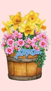 This is a watercolor image of a wooden whiskey barrel full of colorful spring flowers