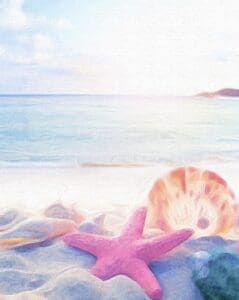 Free Printable Beach Wall Art - Painted imageg of a beach scene with a pink starfish, a large clam shell, and smaller shells laying in the sand with the ocean in the background.