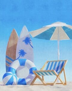 A Day at the Beach Blue and White painting with a beach chair and umbrella, two surfboards, a beach ball, and a round float. Free Printable Beach Wall Art 