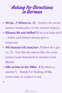 This image is a Pinterest Pin graphic that has Asking for Directions in German in a list showing both the German version and the English version to aid in learning.