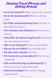 This image is a Pinterest Pin graphic that features a list of Common Travel Phrases and Getting Around, displaying both the German and English versions to aid in learning.