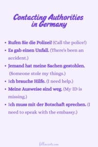 This image is a Pinterest Pin graphic that features a list of phrases for Contacting Authorities in Germany, displaying both the German and English versions to aid in learning.