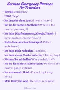 This image is a Pinterest Pin graphic that features a list of German Emergency Phrases for Travelers, displaying both the German and English versions to aid in learning.