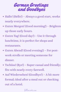 This image is a Pinterest Pin graphic that has German Greetings and Goodbyes in a list showing both the German version and the English version to aid in learning.