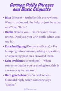 German Phrase to Know - This image is a Pinterest Pin graphic that has German Polite Phrases in a list showing both the German version and the English version to aid in learning.