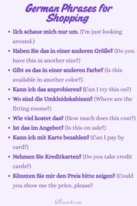 This image is a Pinterest Pin graphic that features a list of German shopping phrases, displaying both the German and English versions to aid in learning.