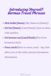 This image is a Pinterest Pin graphic that has Introducing Yourself Phrases in a list showing both the German version and the English version to aid in learning.