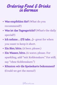 This image is a Pinterest Pin graphic that features a list of ordering food and drinks in German, displaying both the German version and the English version to aid in learning.