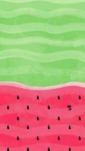 This image features a watercolor bacground of a watermelon. The top of the image is a green pattern and the bottom of the imaage is red with black dots to simulate watermelon seeds. Cute Summer Wallpapers