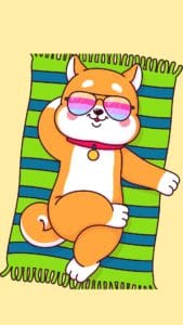 This image features a cartoon cat wearing sunglasses and laying on a green and blue striped beach blanket.