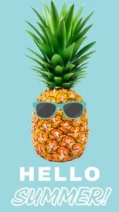 Cute Summer Wallpapers - this image features a pineapple wearing teal sunglasses on a blue background.