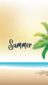 This image features a beach background with blue water on the bottom with a sunny sky above and a palm tree on the right of the image. The word Summer is in the middle od the image with a white stenciled sun above.