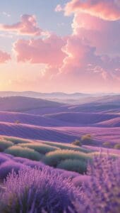 This image features A dreamy pastel sunset over lavender fields with soft rolling hills, fluffy pink and peach clouds, and glowing golden light, styled like a dreamy photograph with a gentle, whimsical atmosphere