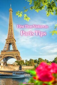 This image is a Pinterest Pin for a post about First Time Visitors to Paris Tips. It includes the Eiffel Tower with the water and blooming pink Spring flowers in the forground. 