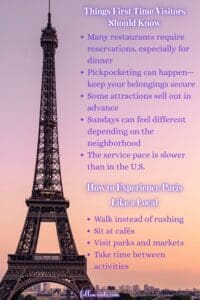This image features a Pinterest Pin Infographic on Travel Tips for Visiting Paris the first time. The image  in the background is the of the Eiffel Tower at sunset. 
