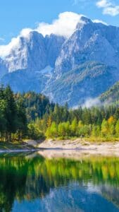 Thius image features a lovely mountain scene with a lake in the front and the reflection of the mountian and the trees. - Aesthetic Landscape Phone Wallpapers