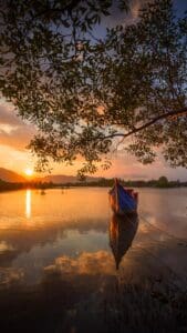 This image features a boat floating on still water with a tree hanging above and the sun setting in the left side of the image.