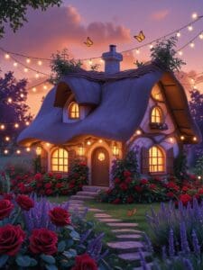 A charming fairytale cottage with a thatched roof, nestled in a blooming flower garden filled with roses, lavender, and butterflies, under a soft twilight sky with string lights glowing. - Pretty Aesthetic Wallpapers