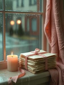 This image features a cozy windowsill scene on a rainy day, featuring a stack of vintage love letters tied with ribbon, soft candlelight flickering nearby, raindrops tracing down the glass, and a warm blush-toned throw blanket in the background. - Pretty. Aesthetic Wallpapers