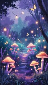 This image features a magical garden scene at twilight with glowing mushrooms, butterflies, twinkling fairy lights, and soft lavender and mint tones — painterly and enchanted, with dreamy lighting and sparkle dust