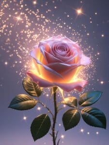 A magical pink rose in full bloom with golden sparkles floating around - Pretty Aesthetic Wallpapers for Phones