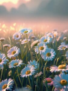 This image features A quiet field of daises with soft sunlight shinning above.