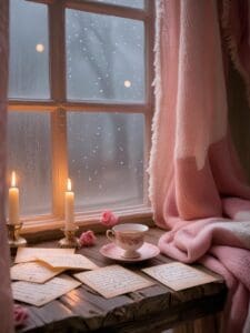 This image features a romantic, dreamy indoor scene with soft blush tones, warm candlelight glowing gently on a wooden table, vintage handwritten love letters scattered next to a delicate teacup, and a foggy window with soft raindrops outside.