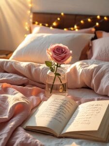 A sun-drenched bedroom at golden hour, with soft linen bedding in blush and ivory tones, a single rose in a glass vase, open book with a handwritten letter, and fairy lights glowing in the background.